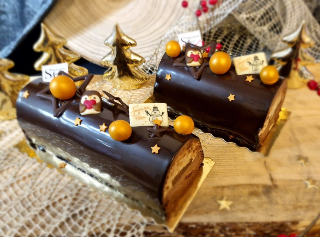 bûche noël 2024 chocolat noir noisettes